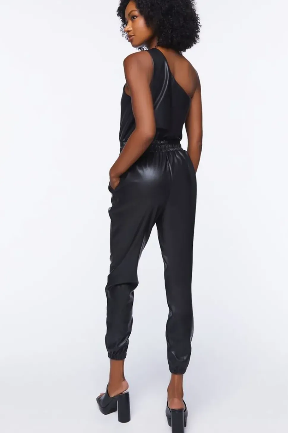 Faux Leather One-Shoulder Jumpsuit