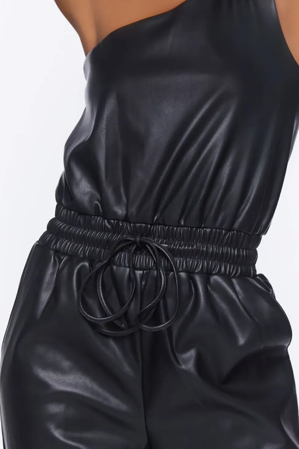Faux Leather One-Shoulder Jumpsuit