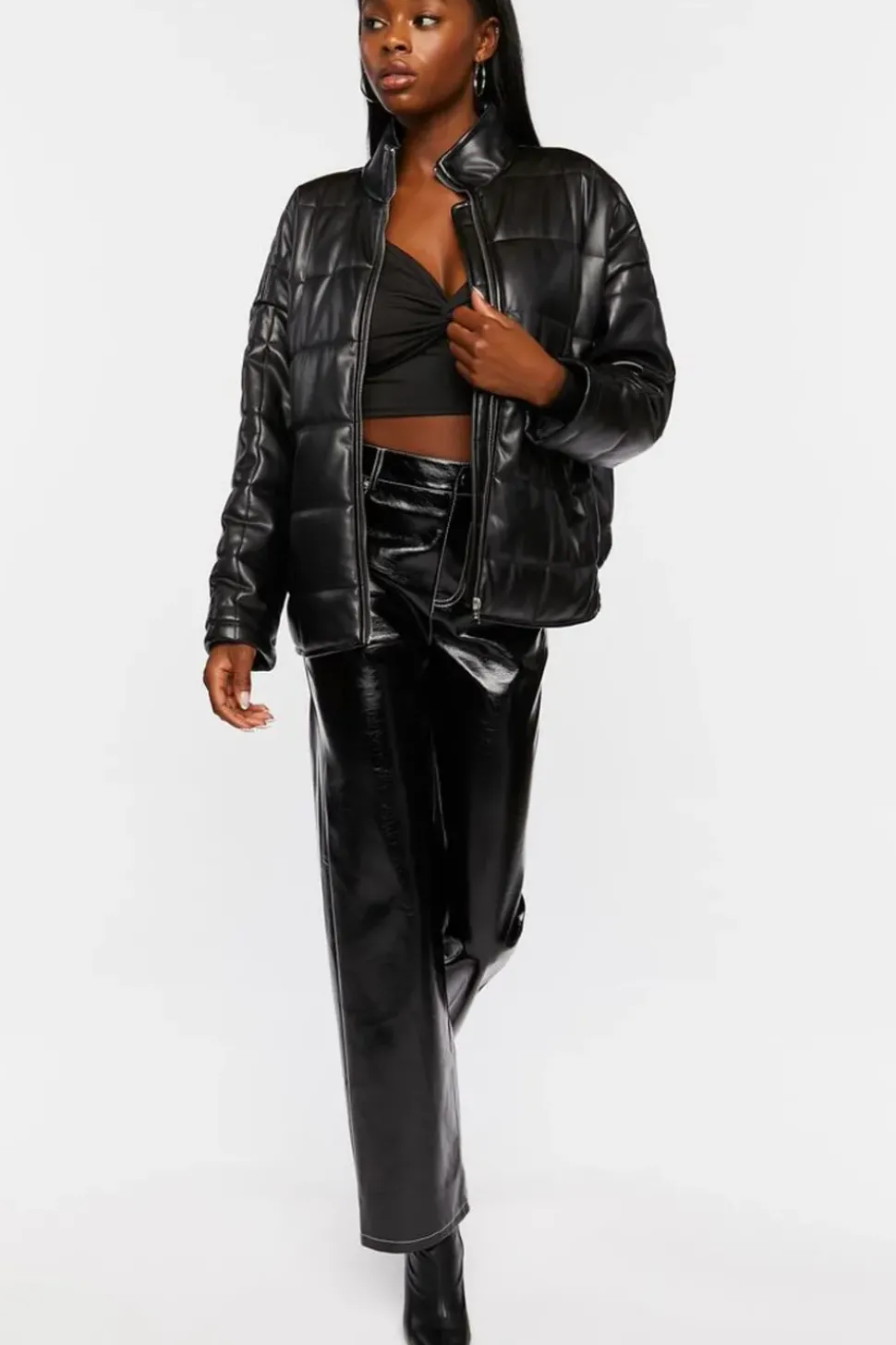 Faux Leather Quilted Zip-Up Jacket