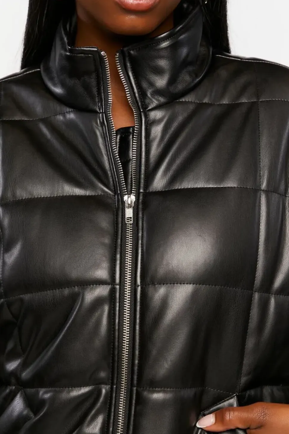 Faux Leather Quilted Zip-Up Jacket