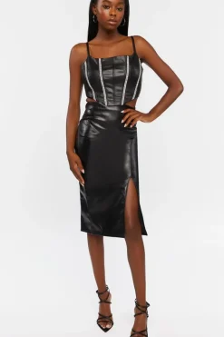 Faux Leather Rhinestone-Trim Crop Top