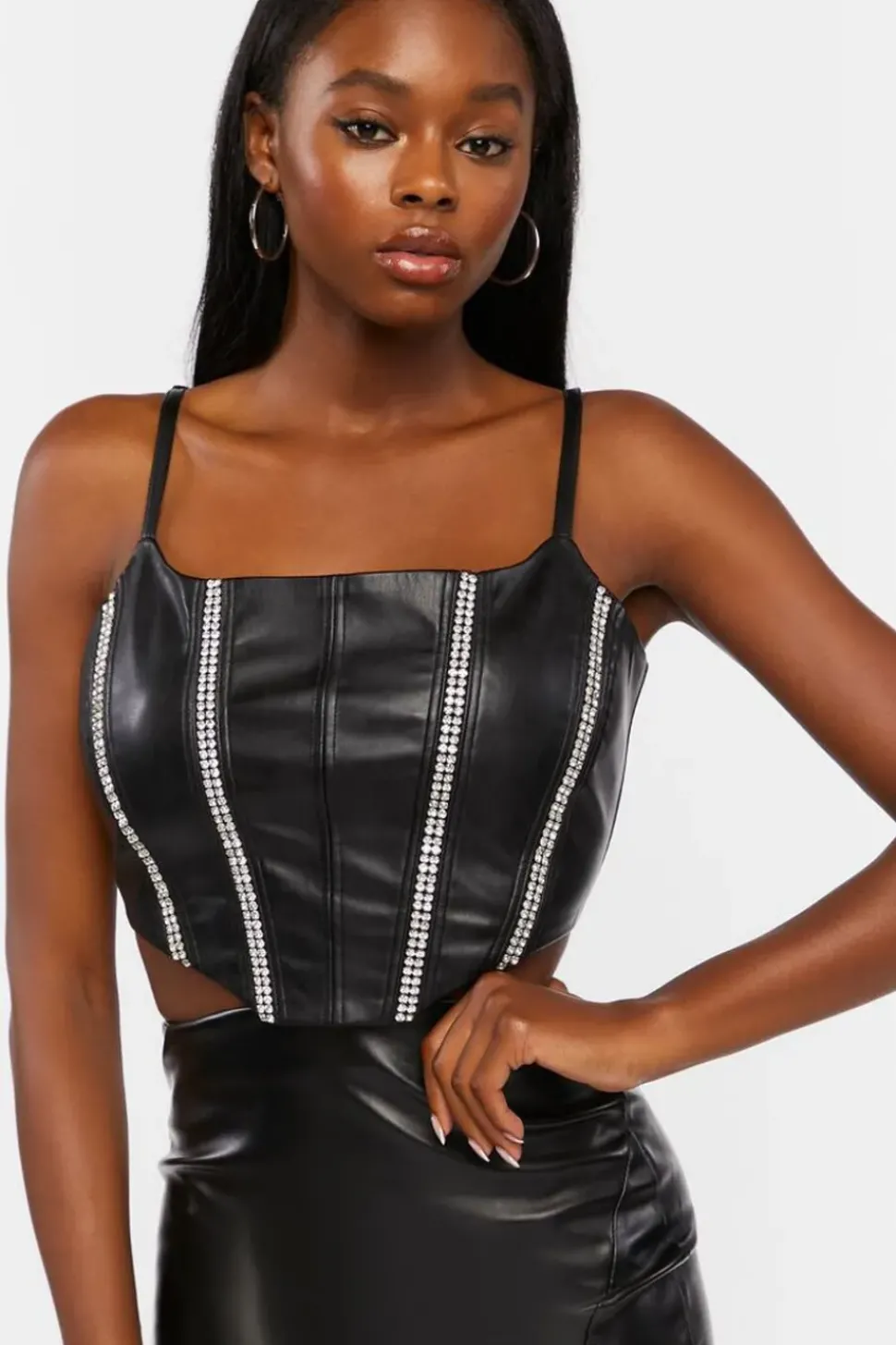 Faux Leather Rhinestone-Trim Crop Top