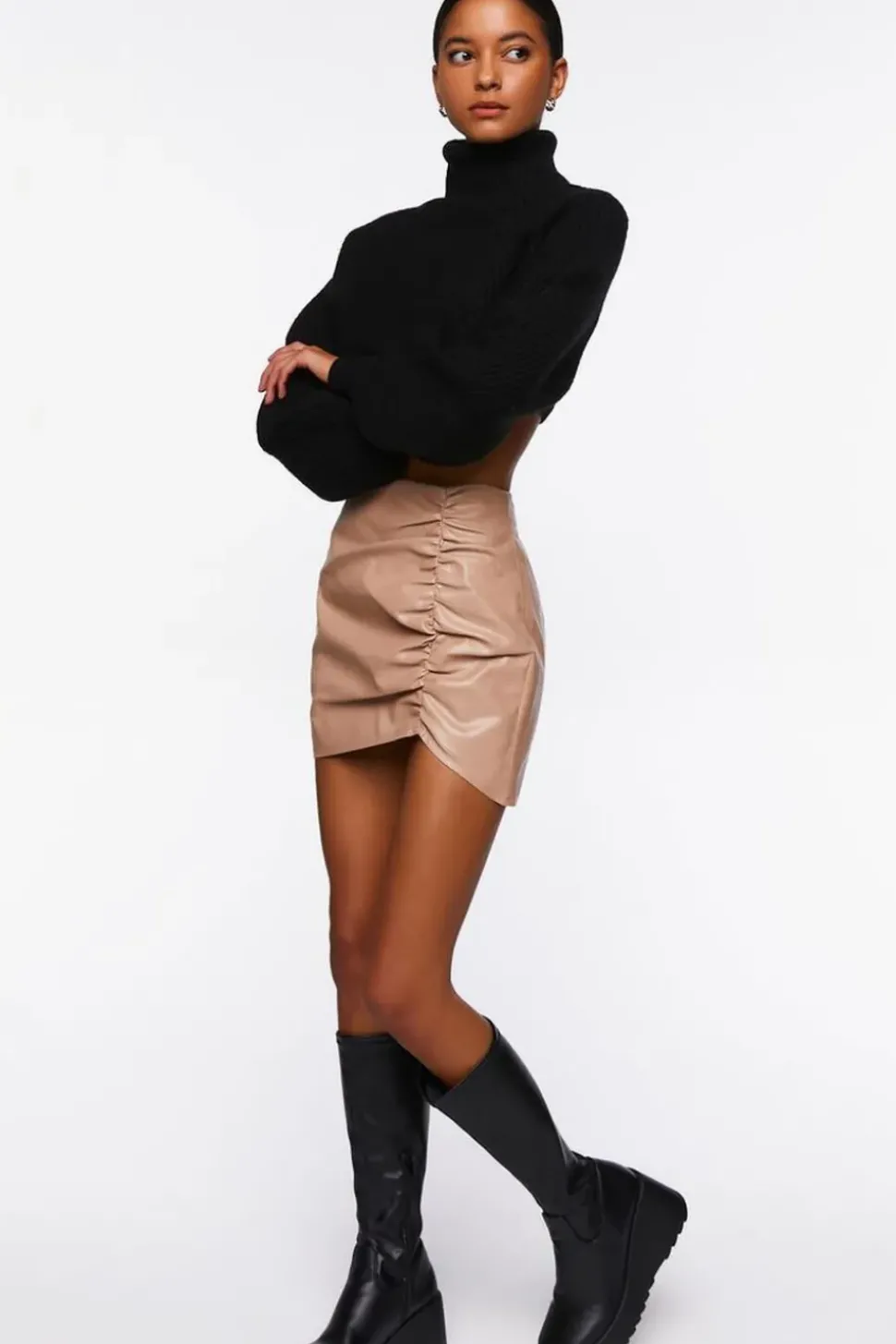 Faux Leather Ruched Mini Skirt