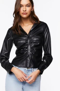 Faux Leather Ruched Shirt