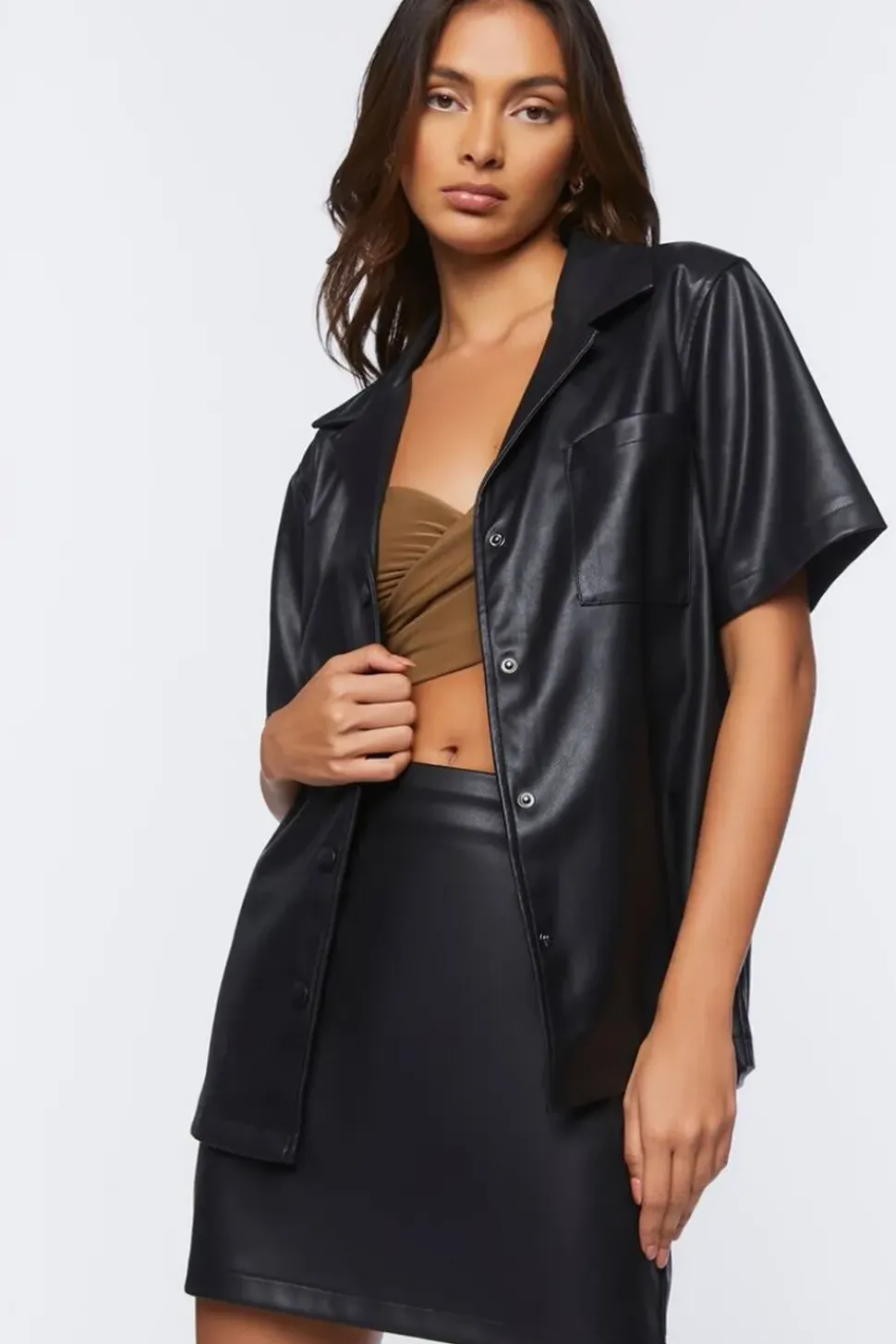 Faux Leather Shirt & Mini Skirt Set