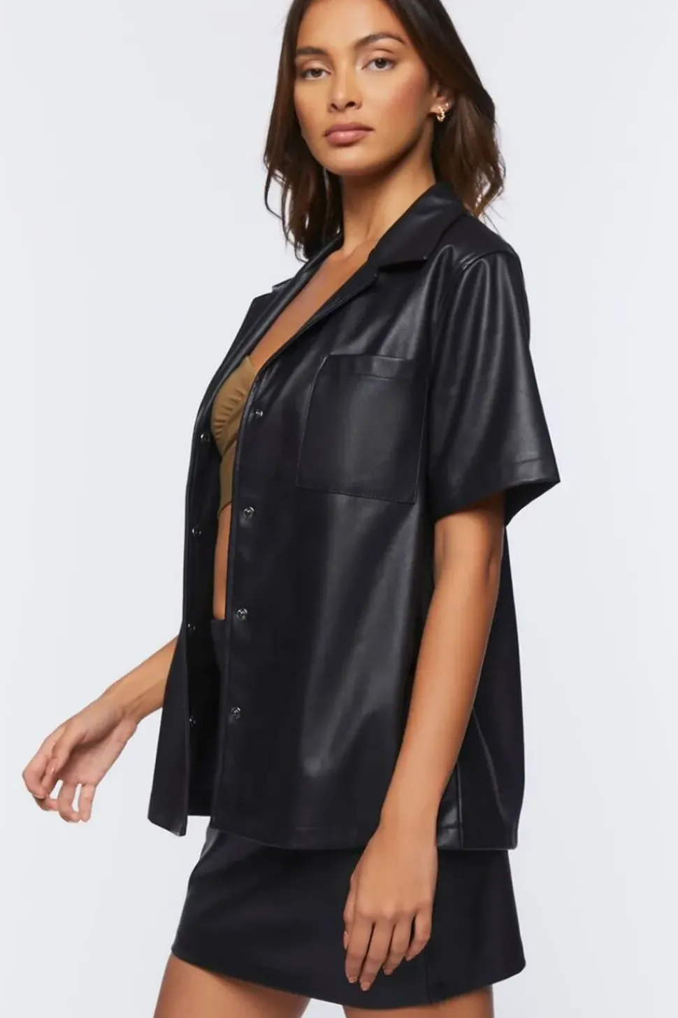 Faux Leather Shirt & Mini Skirt Set