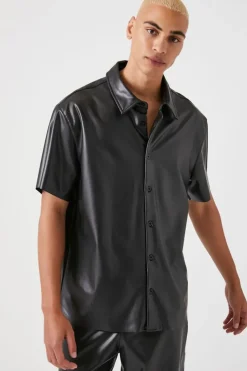 Faux Leather Short-Sleeve Shirt