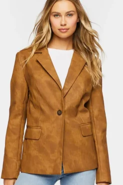 Faux Leather Single-Breasted Blazer