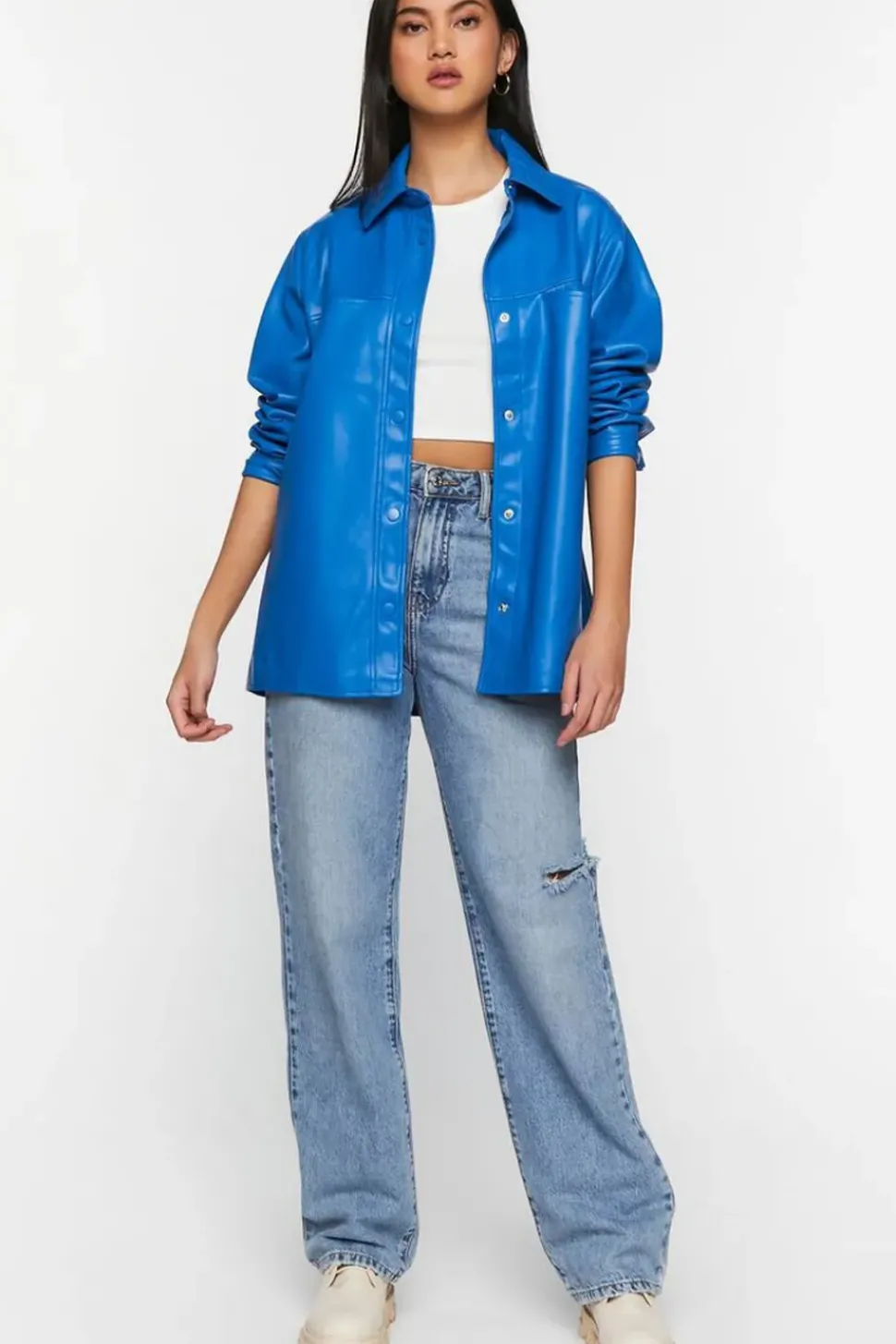 Faux Leather Snap-Button Shacket