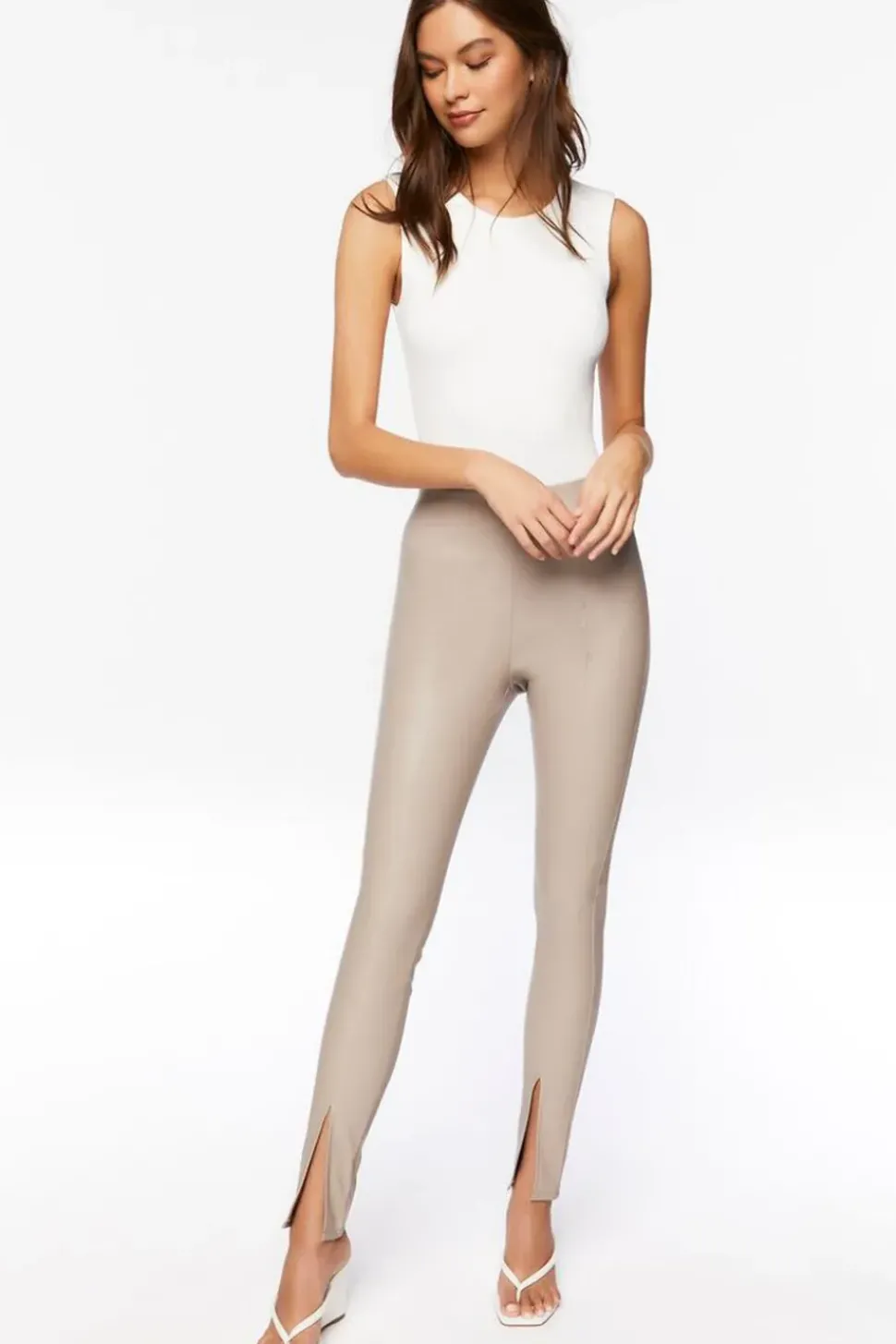 Faux Leather Split-Hem Skinny Pants