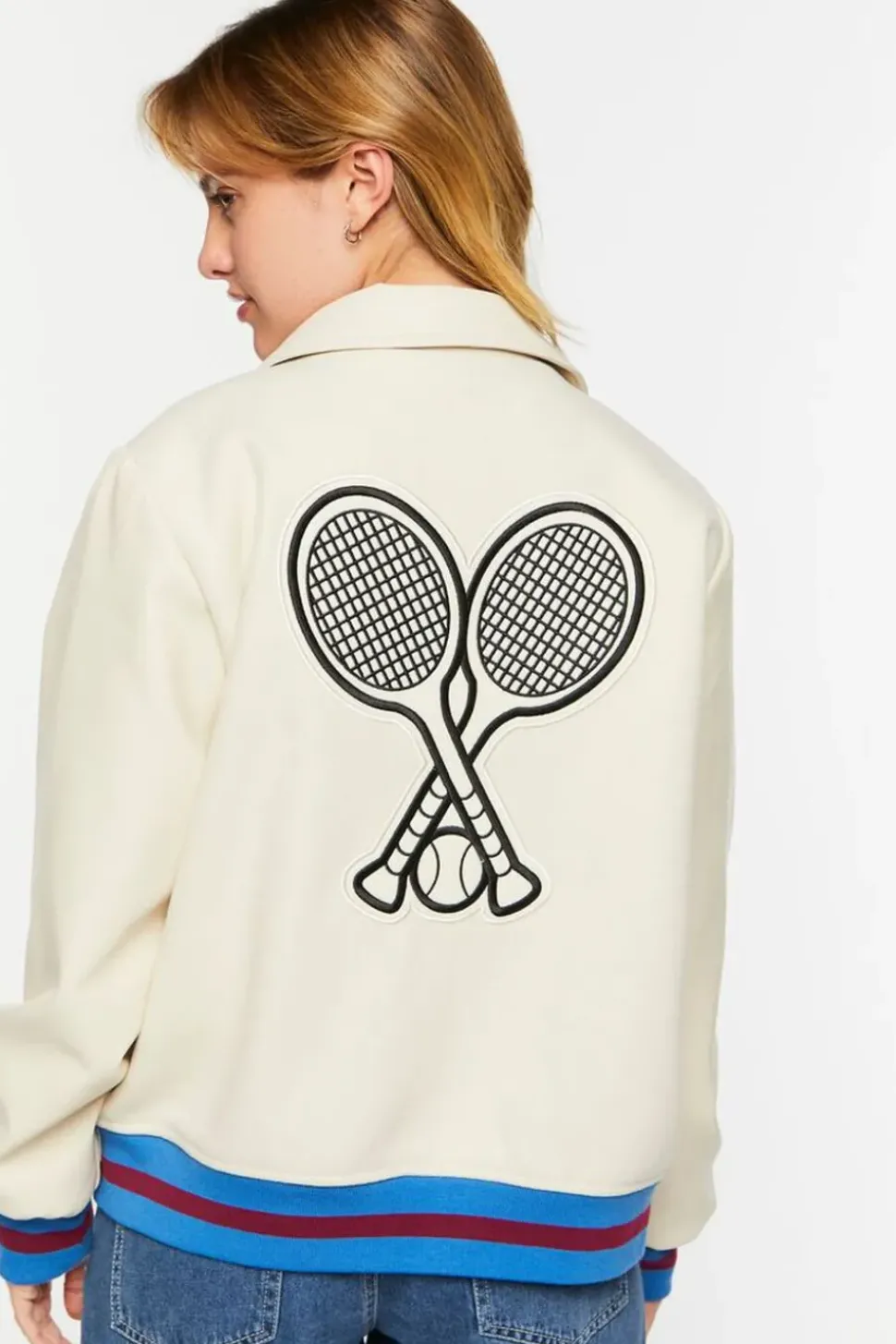 Faux Leather Varsity-Striped Tennis Jacket
