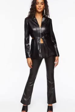 Faux Leather Zip-Front Cutout Blazer