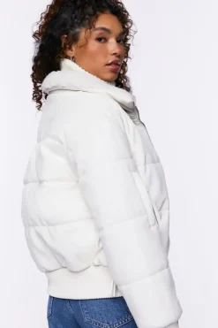Faux Leather Zip-Up Puffer Jacket