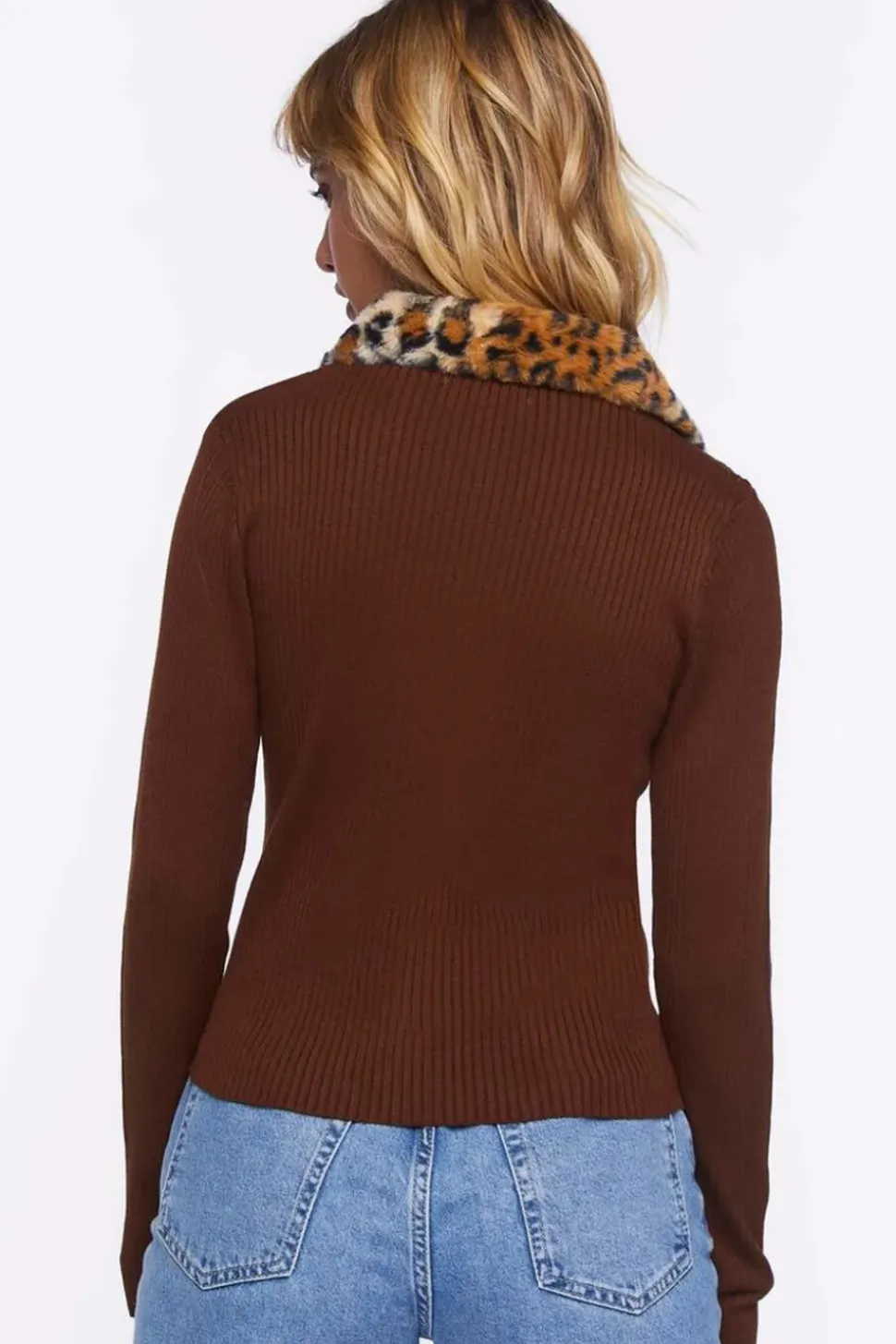 Faux Leopard Fur Zip-Up Sweater