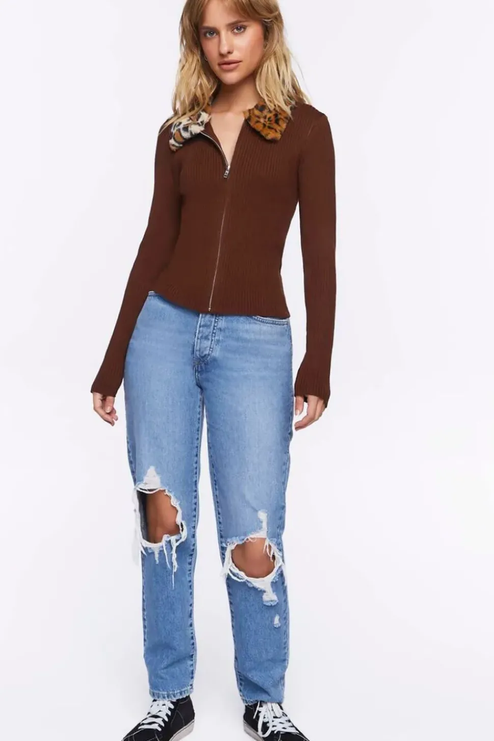 Faux Leopard Fur Zip-Up Sweater