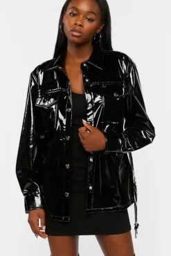 Faux Patent Leather Belted Jacket