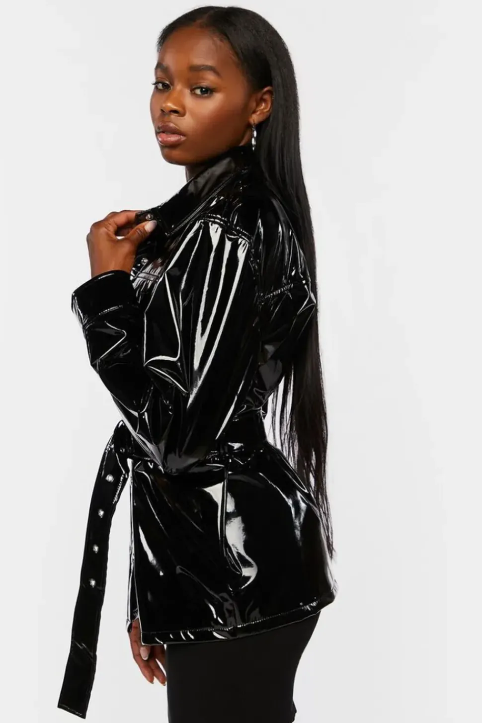 Faux Patent Leather Belted Jacket