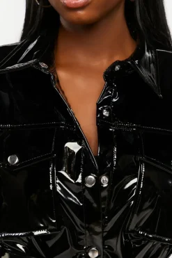 Faux Patent Leather Belted Jacket