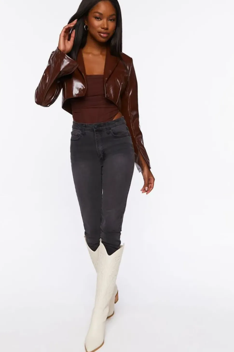 Faux Patent Leather Cropped Blazer