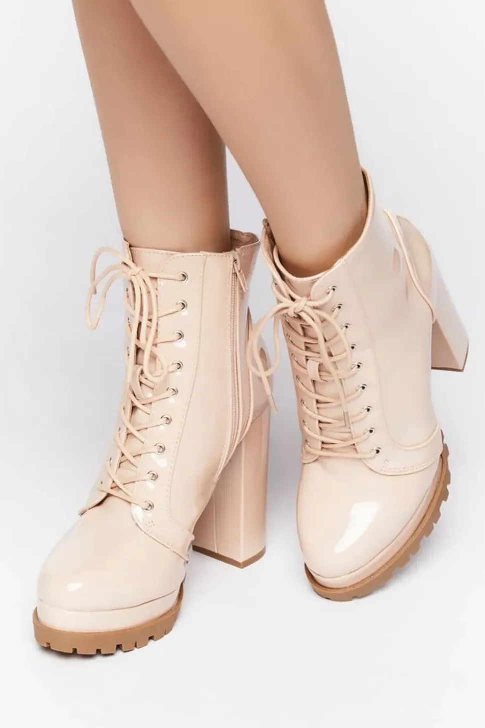 Faux Patent Leather Lace-Up Booties