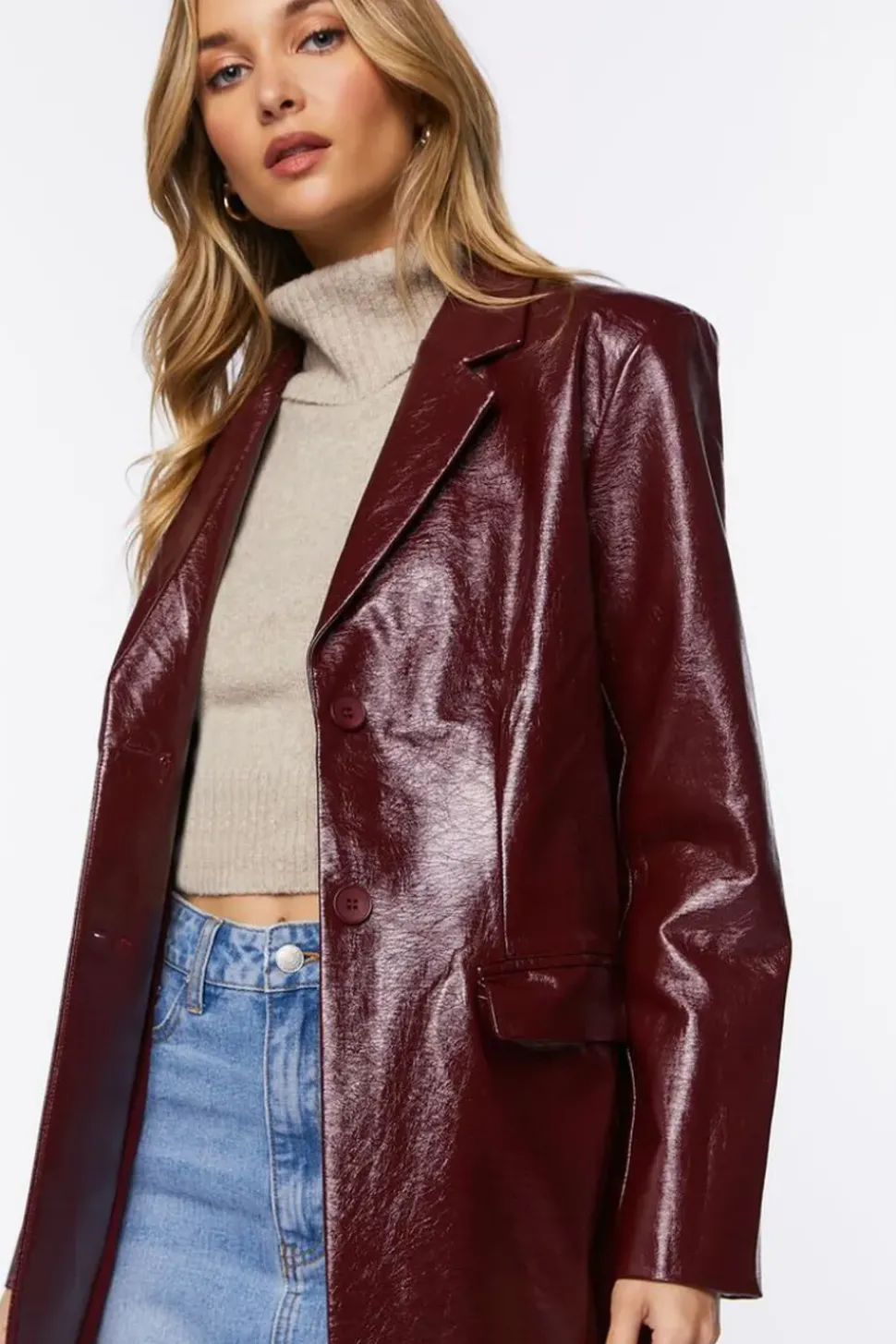 Faux Patent Leather Notched Blazer