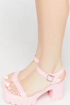 Faux Patent Leather Open-Toe Lug Heels