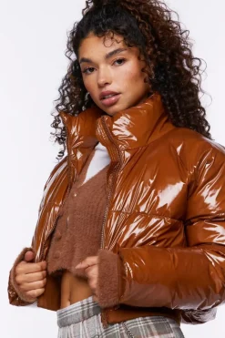 Faux Patent Leather Puffer Jacket