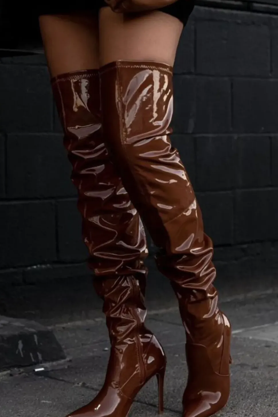 Faux Patent Leather Thigh-High Boots
