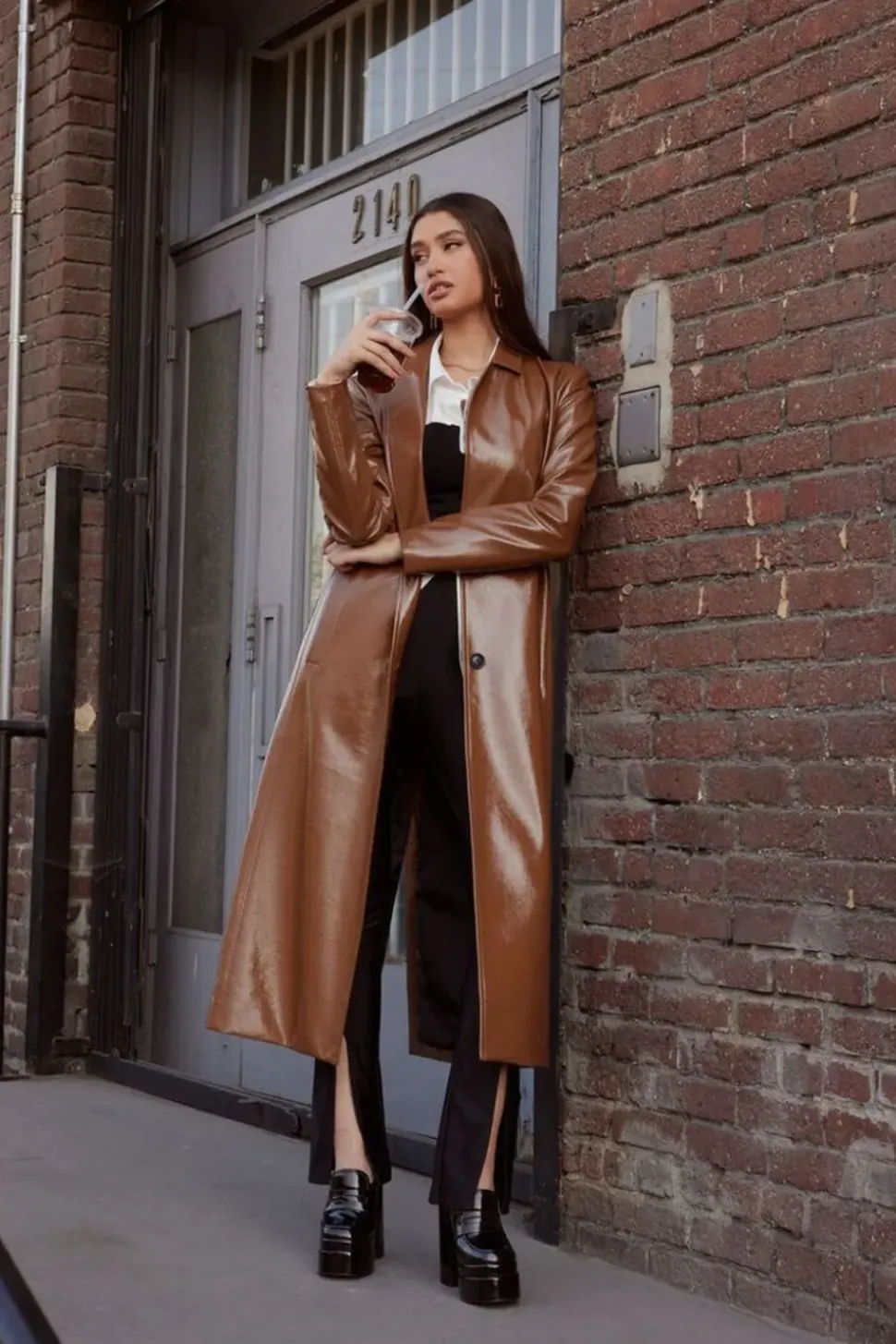 Faux Patent Leather Trench Coat