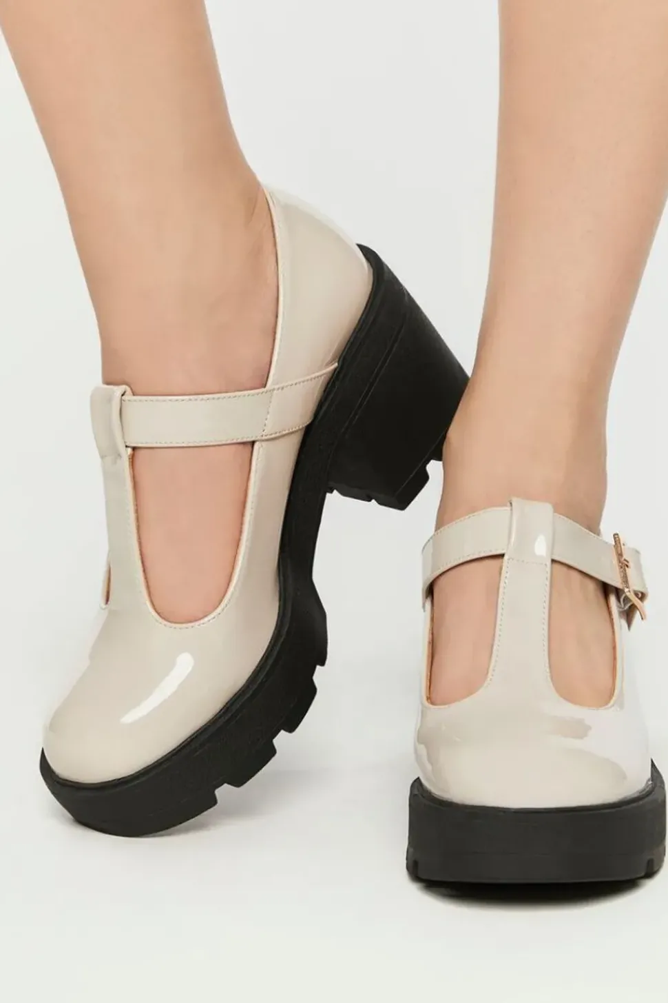 Faux Patent Leather T-Strap Mary Jane Heels