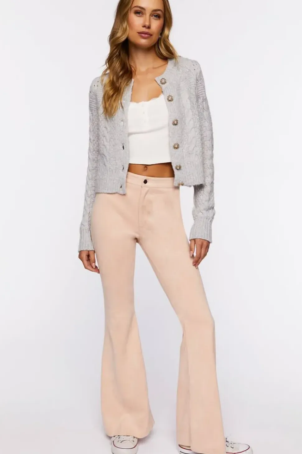 Faux Pearl-Button Cardigan Sweater