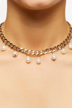 Faux Pearl Curb Chain Necklace