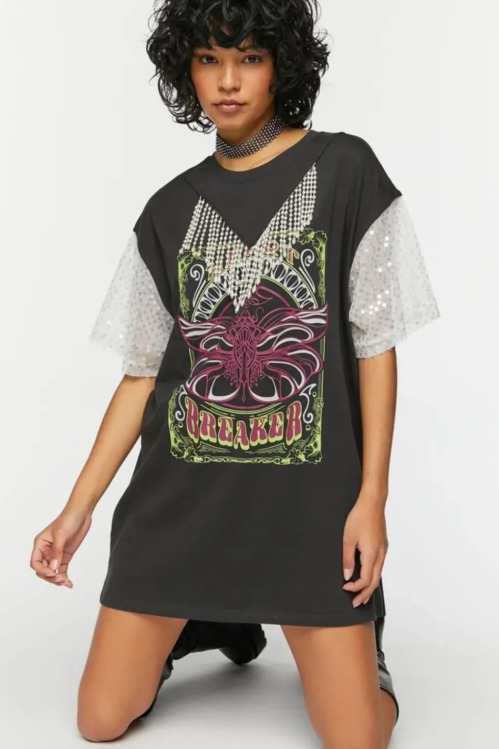 Faux Pearl Fringe Graphic T-Shirt Dress