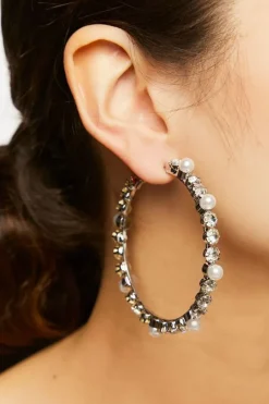 Faux Pearl & Gem Hoop Earrings