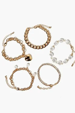 Faux Pearl & Heart Charm Bracelet Set
