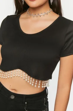 Faux Pearl-Trim Crop Top
