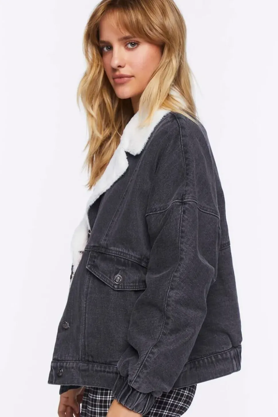Faux Shearling Denim Bomber Jacket