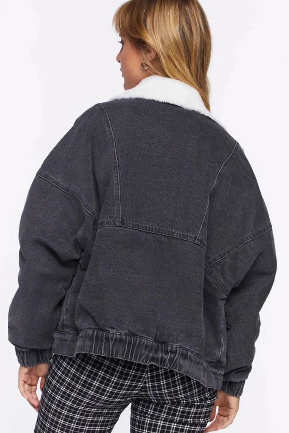 Faux Shearling Denim Bomber Jacket