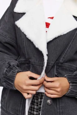 Faux Shearling Denim Bomber Jacket