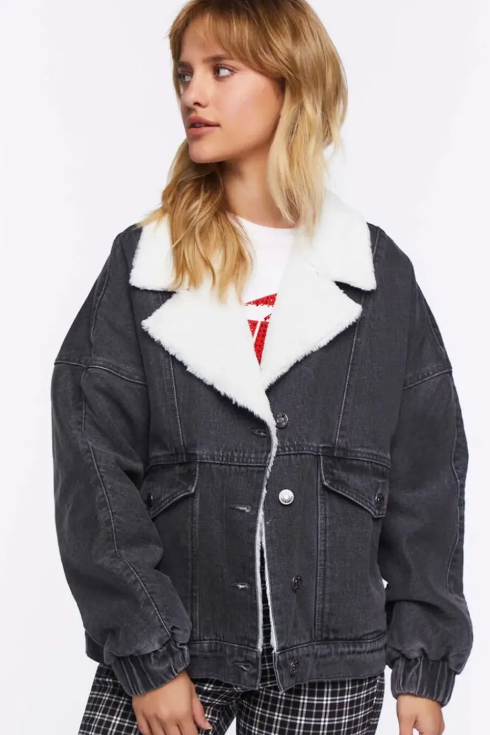 Faux Shearling Denim Bomber Jacket
