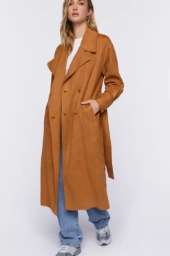 Faux Suede Belted Trench Coat