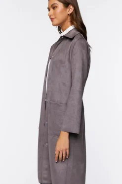 Faux Suede Button-Front Duster Coat