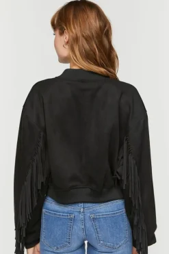 Faux Suede Fringe Bomber Jacket