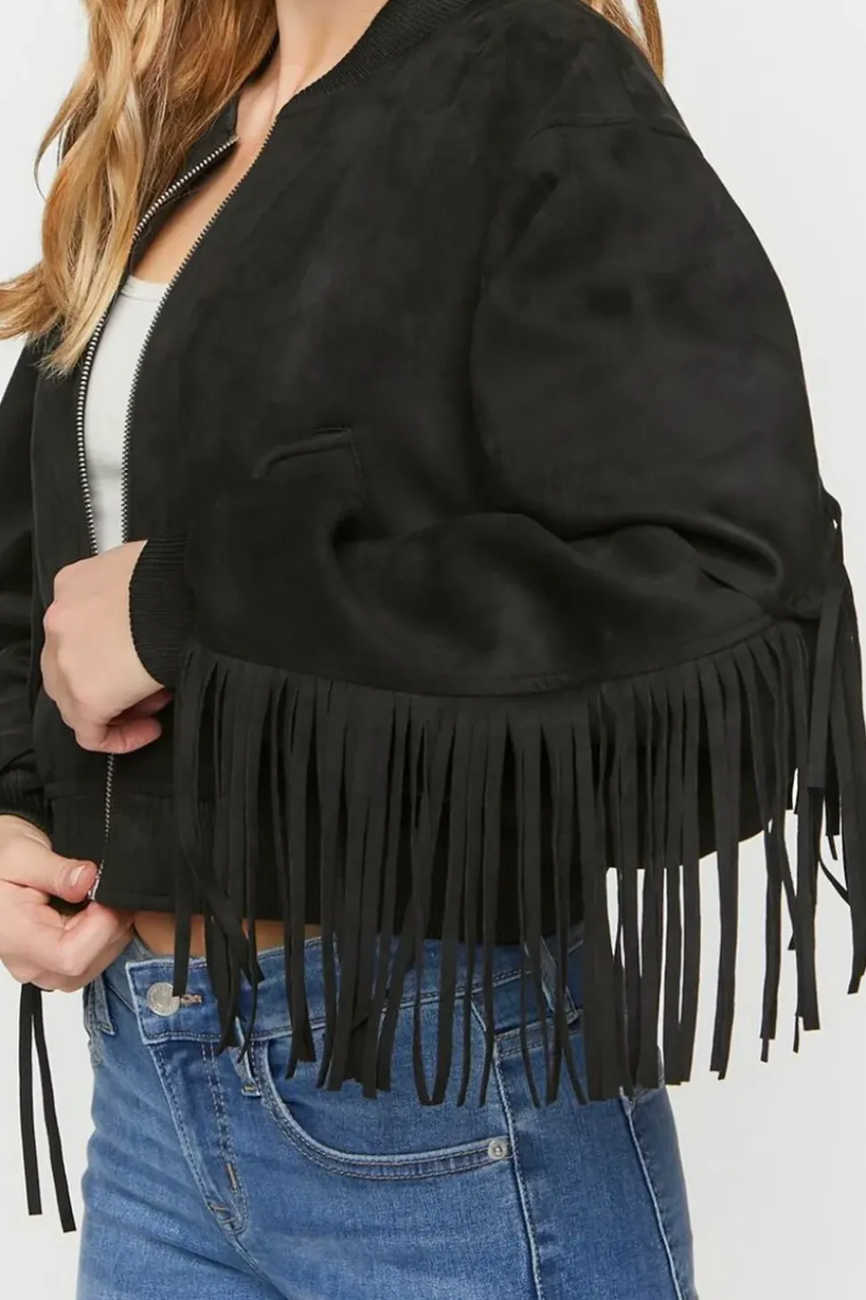 Faux Suede Fringe Bomber Jacket