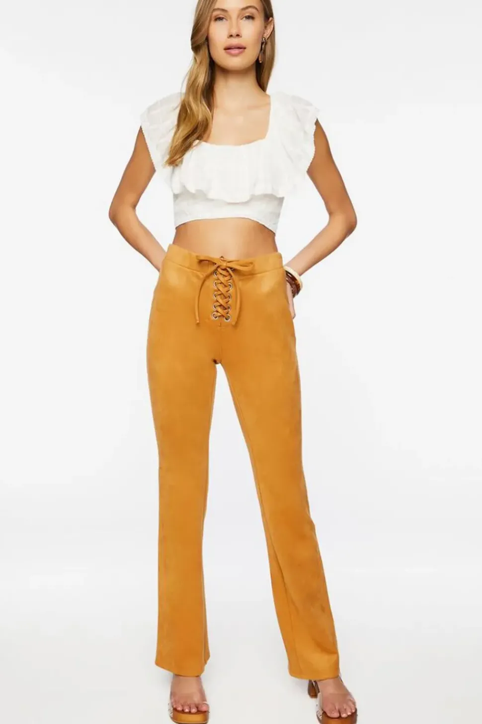 Faux Suede Lace-Up Flare Pants
