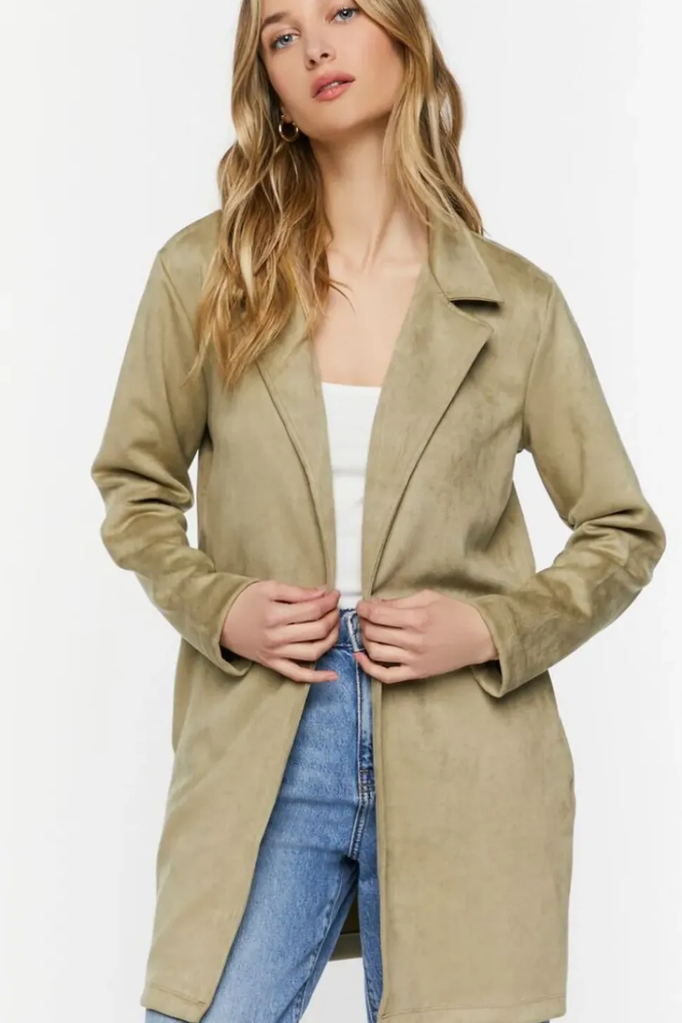 Faux Suede Open-Front Longline Jacket