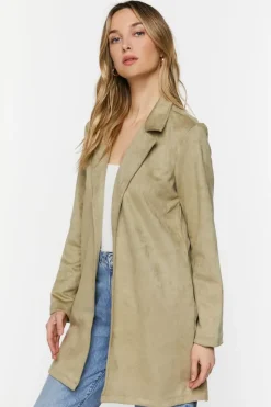 Faux Suede Open-Front Longline Jacket