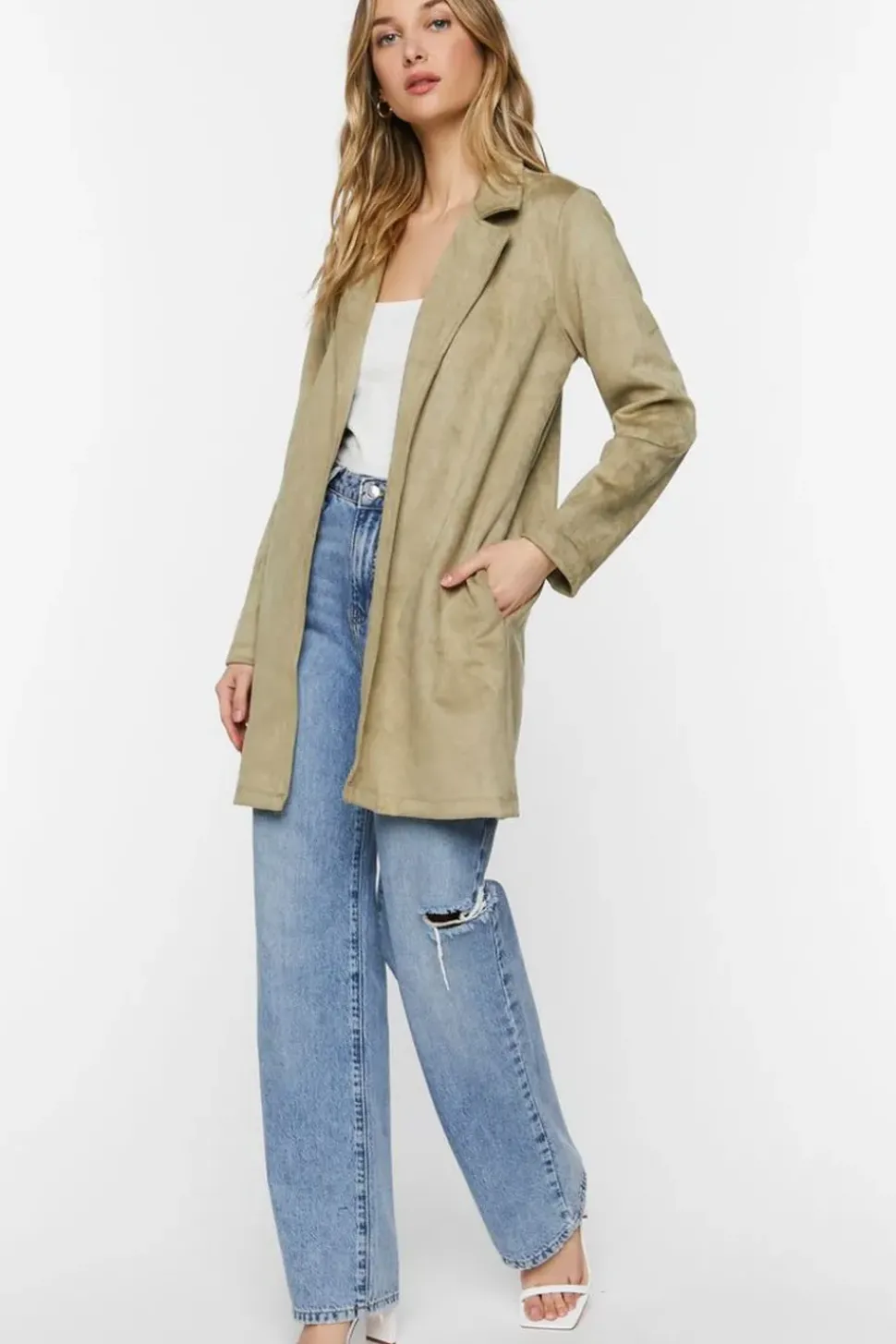 Faux Suede Open-Front Longline Jacket