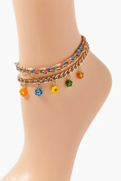 Floral Charm Beaded Anklet Set