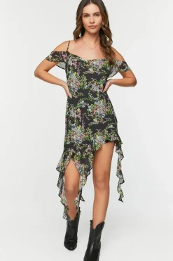 Floral Chiffon Off-The-Shoulder Dress